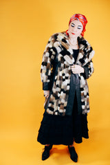 long sleeve patchwork mink fur coat with leather trim and leather tie belt vintage 1970's