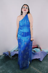 Women's 1980's Alyce Designs label one shoulder sleeveless ankle length bright blue maxi dress with a mesh overlay that has an all over glitter print