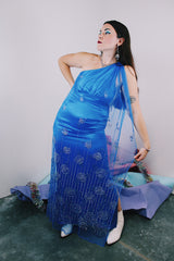 Women's 1980's Alyce Designs label one shoulder sleeveless ankle length bright blue maxi dress with a mesh overlay that has an all over glitter print