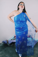 Women's 1980's Alyce Designs label one shoulder sleeveless ankle length bright blue maxi dress with a mesh overlay that has an all over glitter print