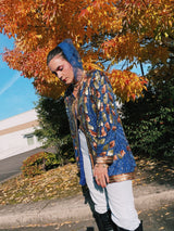 long sleeve beaded and sequined jacket with hook and eye closure blue green and brown vintage women's 1980's