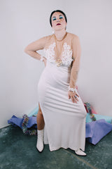 Women's vintage 1980's Frederick's of Hollywood label long sleeve ankle length nylon material white long sleeve dress with nude sheer arms and chest