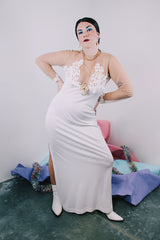 Women's vintage 1980's Frederick's of Hollywood label long sleeve ankle length nylon material white long sleeve dress with nude sheer arms and chest