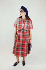 plaid printed short sleeve midi dress with collar and buttons up the front vintage 1950's