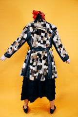 long sleeve patchwork mink fur coat with leather trim and leather tie belt vintage 1970's
