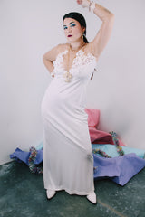 Women's vintage 1980's Frederick's of Hollywood label long sleeve ankle length nylon material white long sleeve dress with nude sheer arms and chest