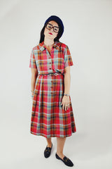 plaid printed short sleeve midi dress with collar and buttons up the front vintage 1950's