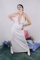 Women's vintage 1980's Frederick's of Hollywood label long sleeve ankle length nylon material white long sleeve dress with nude sheer arms and chest