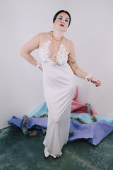 Women's vintage 1980's Frederick's of Hollywood label long sleeve ankle length nylon material white long sleeve dress with nude sheer arms and chest