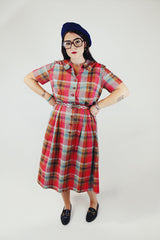 plaid printed short sleeve midi dress with collar and buttons up the front vintage 1950's