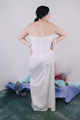 Women's vintage 1980's Frederick's of Hollywood label long sleeve ankle length nylon material white long sleeve dress with nude sheer arms and chest