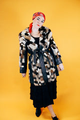 long sleeve patchwork mink fur coat with leather trim and leather tie belt vintage 1970's