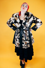 long sleeve patchwork mink fur coat with leather trim and leather tie belt vintage 1970's