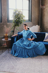 Women's vintage 1960's 3/4 arm length maxi length blue cotton material dress with all over black and white ditsy floral print. Prairie and cottage core style.