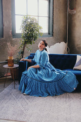 Women's vintage 1960's 3/4 arm length maxi length blue cotton material dress with all over black and white ditsy floral print. Prairie and cottage core style.