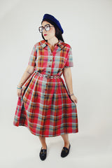 plaid printed short sleeve midi dress with collar and buttons up the front vintage 1950's