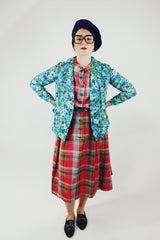 green and blue floral printed cotton linen double breasted blazer women's vintage 1960's