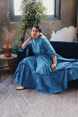 Women's vintage 1960's 3/4 arm length maxi length blue cotton material dress with all over black and white ditsy floral print. Prairie and cottage core style.