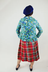 green and blue floral printed cotton linen double breasted blazer women's vintage 1960's