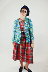 green and blue floral printed cotton linen double breasted blazer women's vintage 1960's