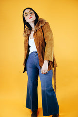 long sleeve brown suede coat with faux fur trim and tie belt women's vintage 1970's