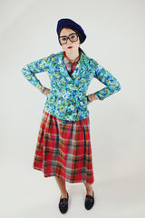 green and blue floral printed cotton linen double breasted blazer women's vintage 1960's