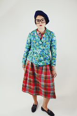 green and blue floral printed cotton linen double breasted blazer women's vintage 1960's