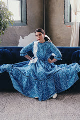 Women's vintage 1960's 3/4 arm length maxi length blue cotton material dress with all over black and white ditsy floral print. Prairie and cottage core style.