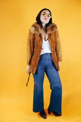 long sleeve brown suede coat with faux fur trim and tie belt women's vintage 1970's