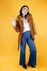 long sleeve brown suede coat with faux fur trim and tie belt women's vintage 1970's