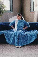 Women's vintage 1960's 3/4 arm length maxi length blue cotton material dress with all over black and white ditsy floral print. Prairie and cottage core style.