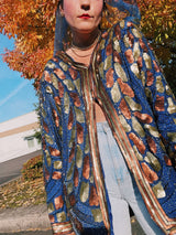 long sleeve beaded and sequined jacket with hook and eye closure blue green and brown vintage women's 1980's