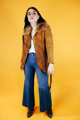 long sleeve brown suede coat with faux fur trim and tie belt women's vintage 1970's