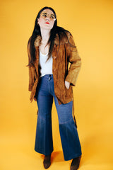 long sleeve brown suede coat with faux fur trim and tie belt women's vintage 1970's