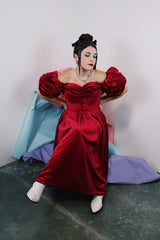 Women's vintage 1980's Alyce Designs label dark magenta velvet ankle length short sleeve puff sleeve dress.