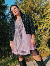 long sleeve open black sequined jacket with mandarin collar women's vintage 1980's