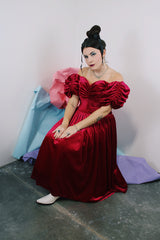 Women's vintage 1980's Alyce Designs label dark magenta velvet ankle length short sleeve puff sleeve dress.