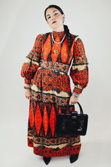 maxi length long puff sleeve dress with mock neck red with all over print vintage