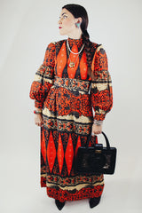 maxi length long puff sleeve dress with mock neck red with all over print vintage