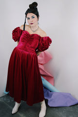 Women's vintage 1980's Alyce Designs label dark magenta velvet ankle length short sleeve puff sleeve dress.