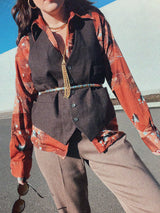 Men's or women's vintage 1970's Sears, The Men's Store label long sleeve button up shirt with a pointy collar in polyester material and a brown, tan, and baby blue all over abstract print.