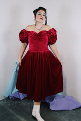 Women's vintage 1980's Alyce Designs label dark magenta velvet ankle length short sleeve puff sleeve dress.