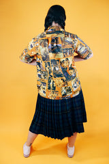 short sleeve button up shirt with collar and Sauguin photo print throughout 1970's vintage