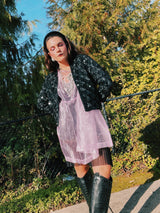 long sleeve open black sequined jacket with mandarin collar women's vintage 1980's