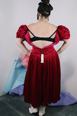 Women's vintage 1980's Alyce Designs label dark magenta velvet ankle length short sleeve puff sleeve dress.