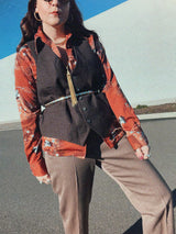 Men's or women's vintage 1970's Sears, The Men's Store label long sleeve button up shirt with a pointy collar in polyester material and a brown, tan, and baby blue all over abstract print.