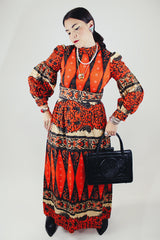 maxi length long puff sleeve dress with mock neck red with all over print vintage