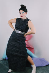 Women's vintage 1970's sleeveless ankle length dress in black with all over silver metallic thread.