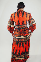 maxi length long puff sleeve dress with mock neck red with all over print vintage