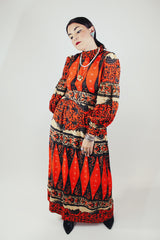 maxi length long puff sleeve dress with mock neck red with all over print vintage